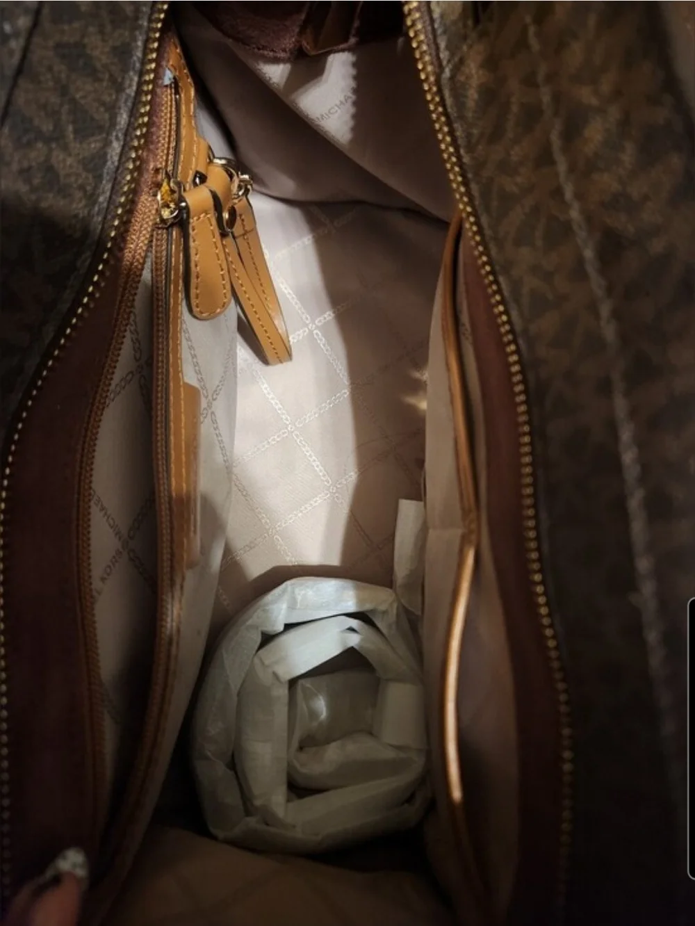 Michael Kors Brown and Tan Monogram Bag with Gold Hardware
